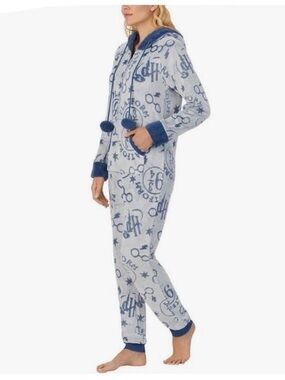 Harry Potter Women's Plush Onesie Pajama Jumpsuit in Gray + Sage Blue